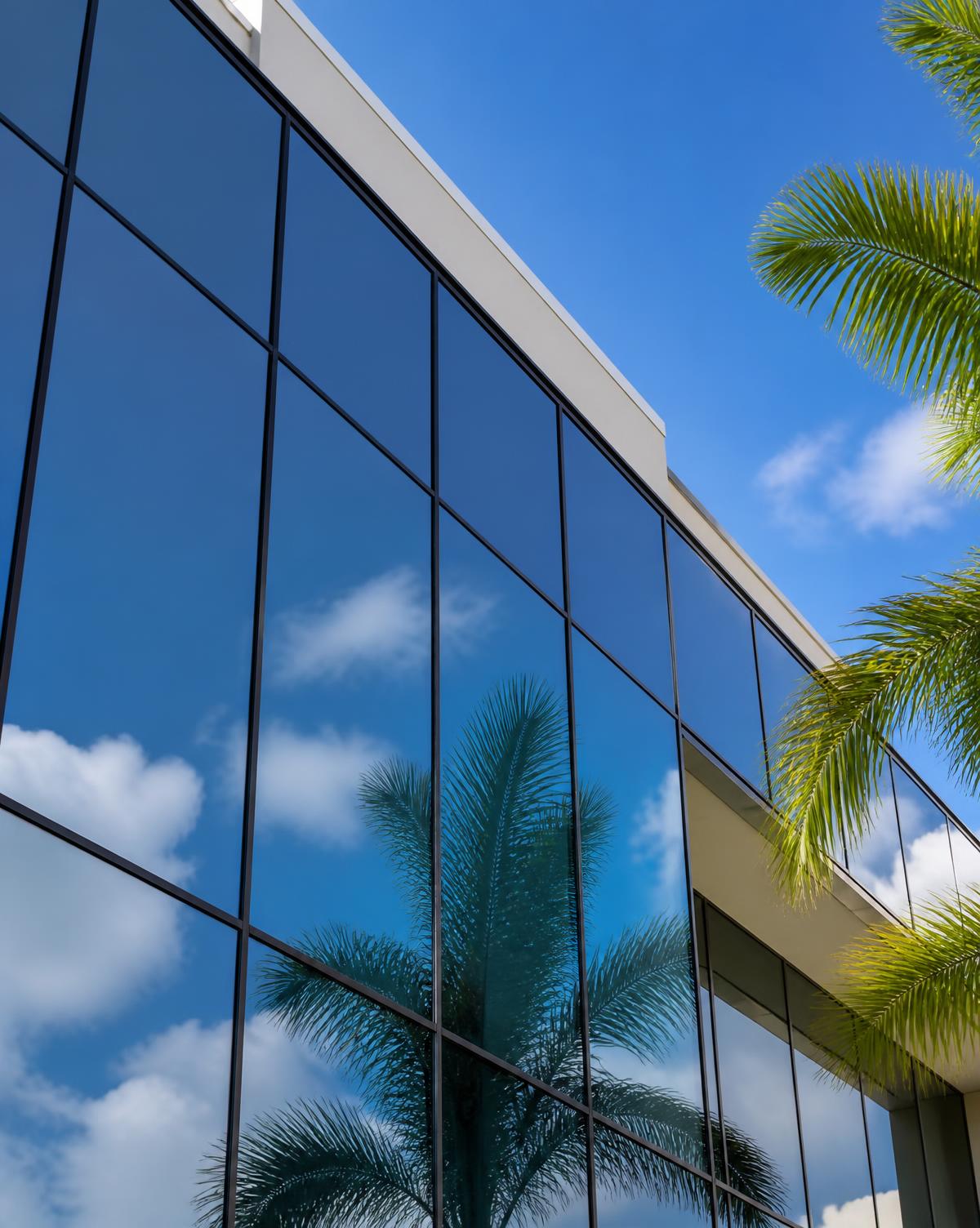 Modern Florida commercial glass facade seen from below