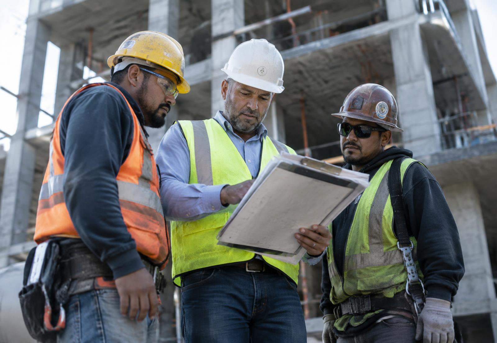 Site foreman reviewing drawings with two crew members in hard hats on a commercial jobsite