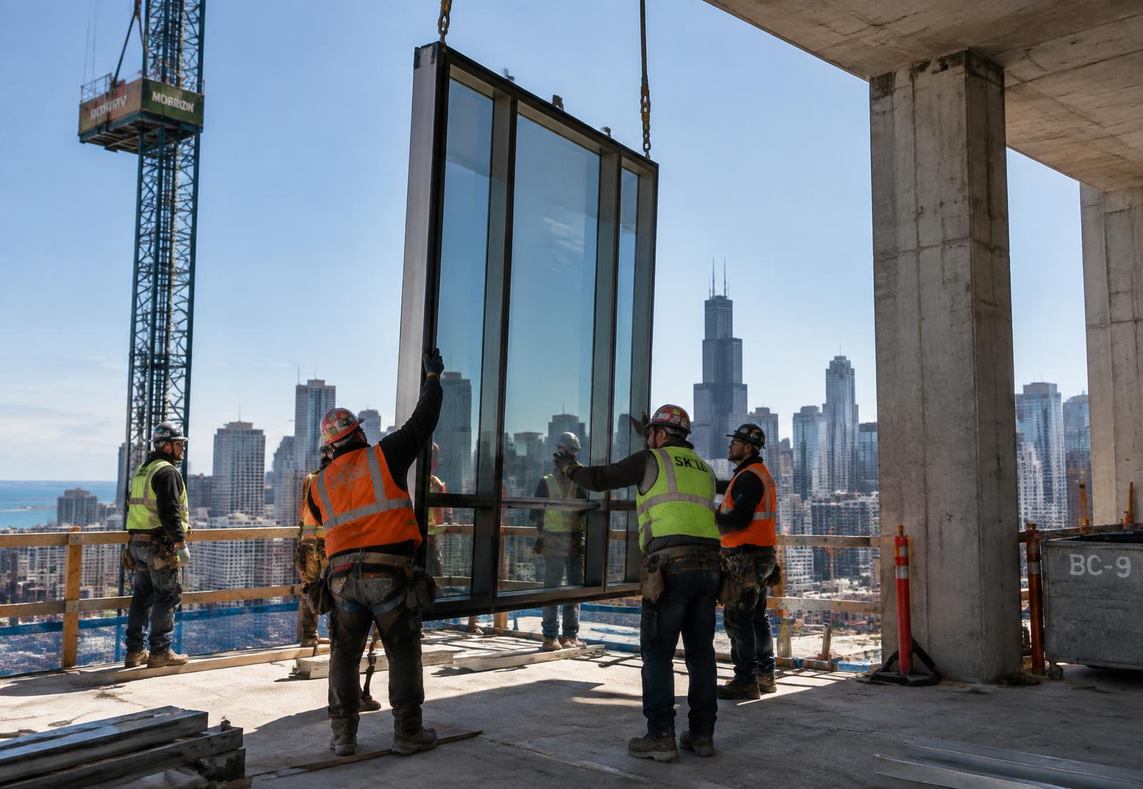 Crew guiding a hoisted curtain wall unit on a high-rise floor