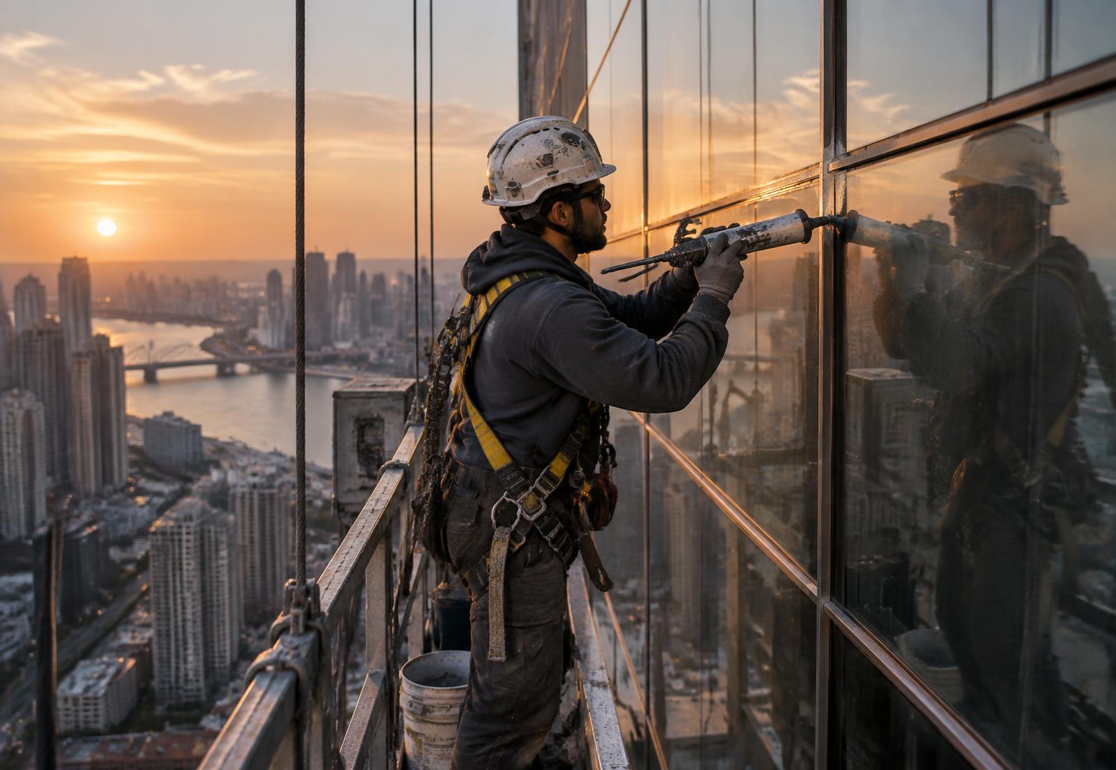 Worker on a swing stage applying sealant to a glass facade