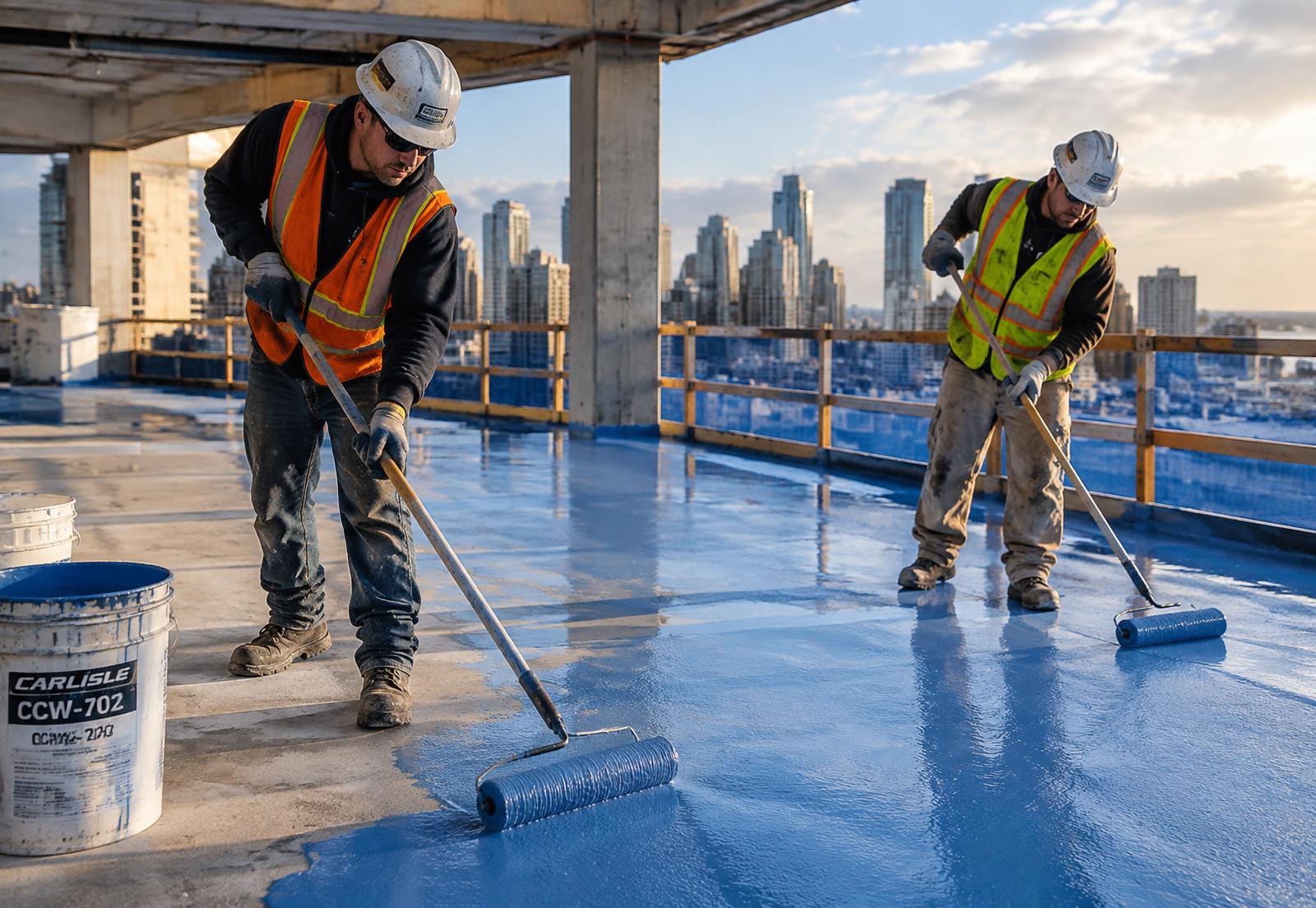 Workers rolling waterproofing membrane on a concrete deck