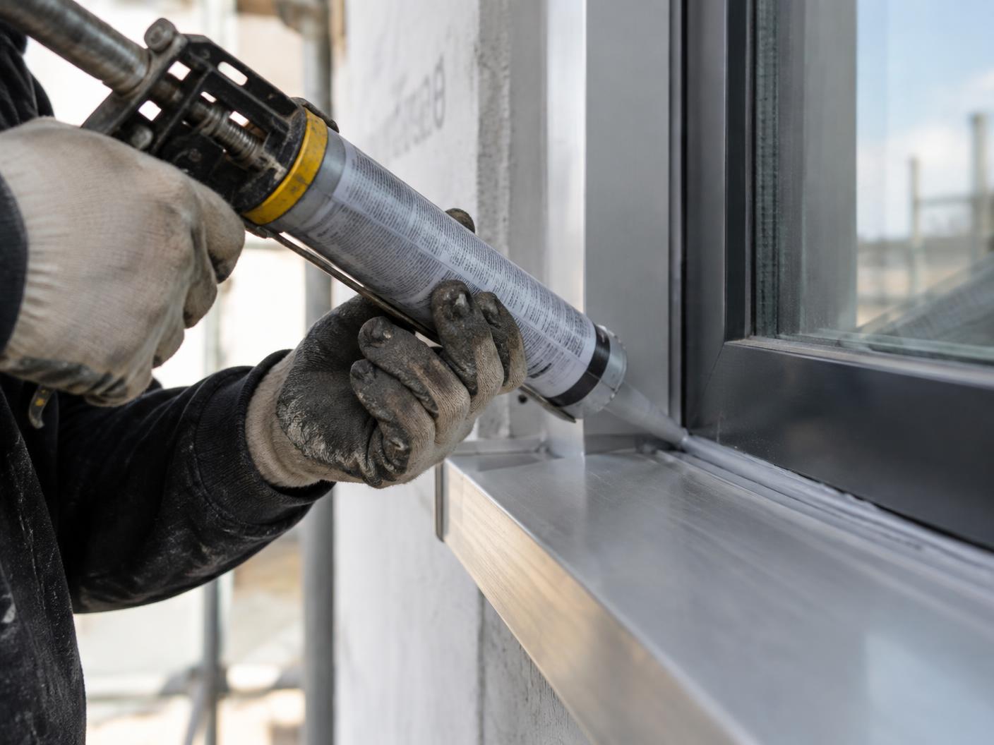 Gloved worker applying a sealant bead along an aluminum window frame