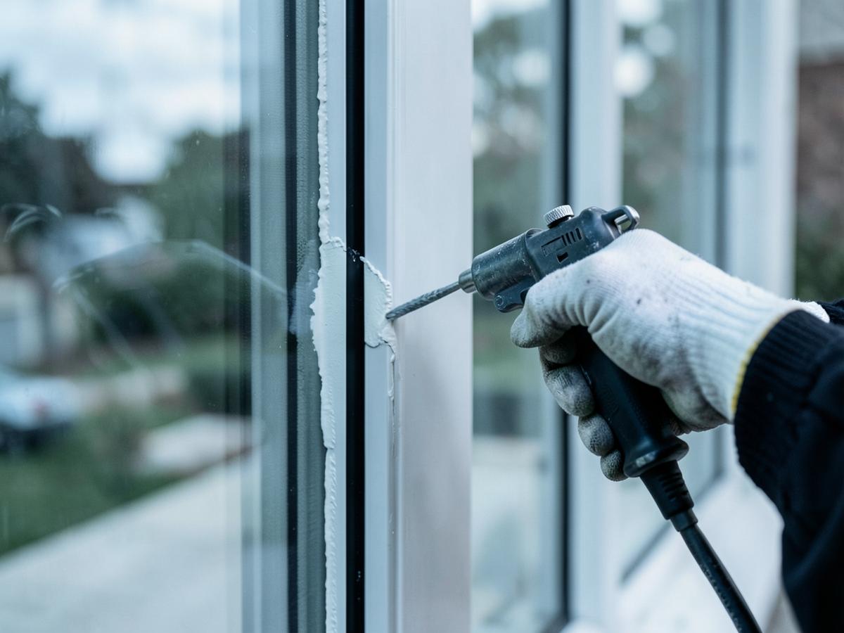 Gloved construction worker applying sealant around commercial glazing
