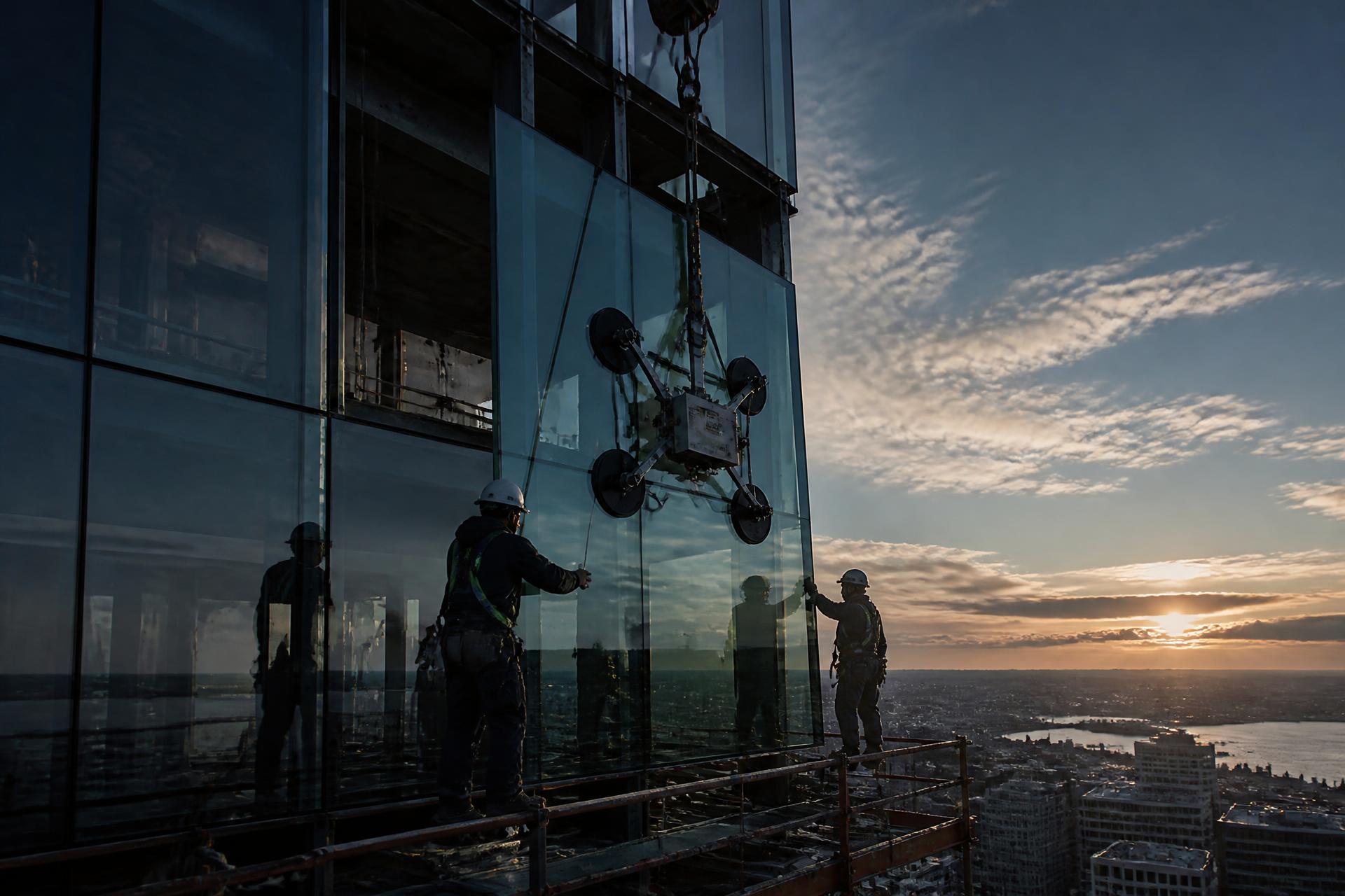 Commercial glazing crew working on a high-rise curtain wall installation