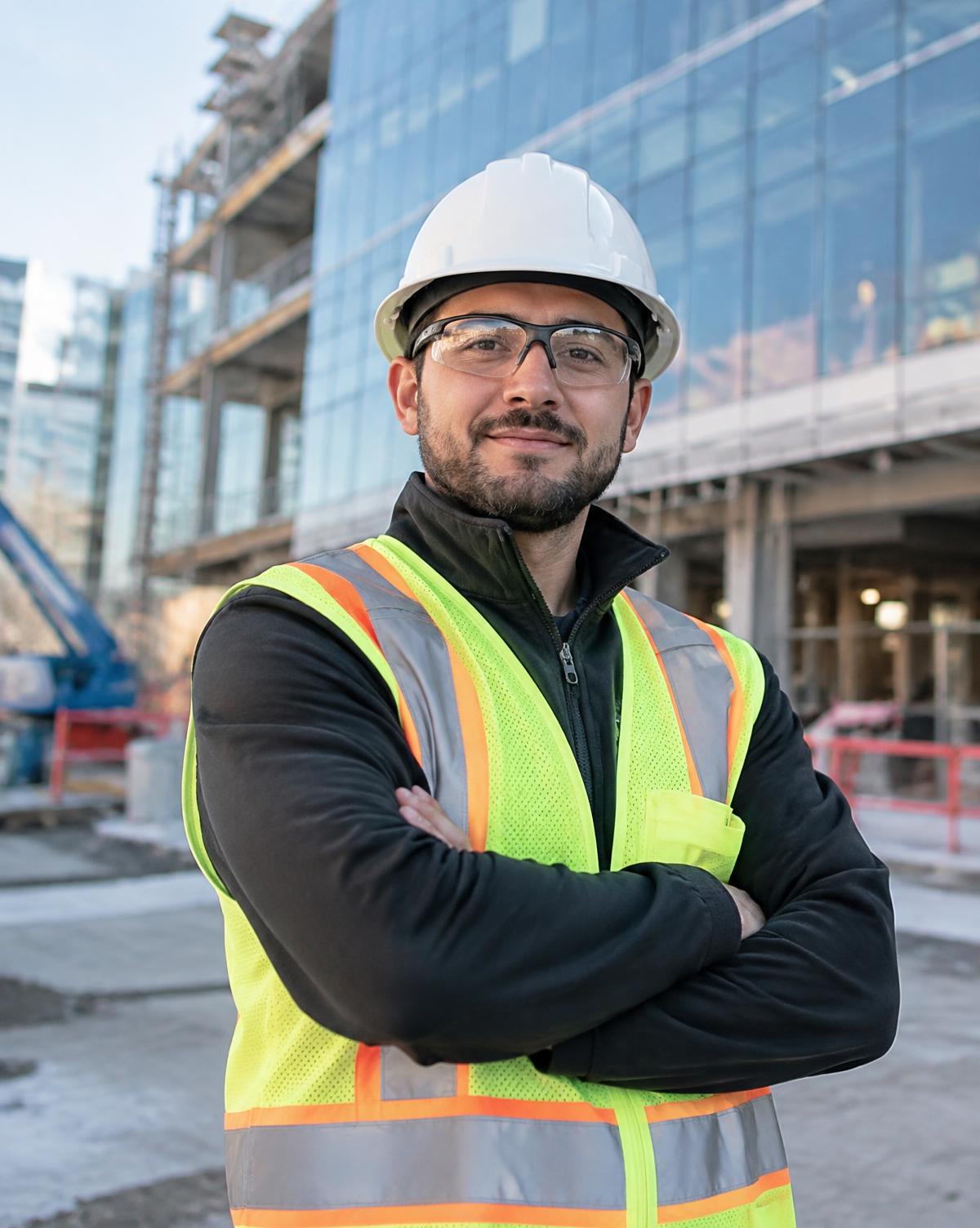 Construction worker in a white hard hat and high-visibility vest on a commercial jobsite