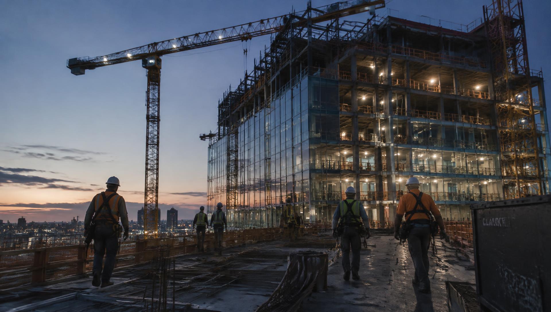 Commercial construction site at dusk with a tower crane and workers in hard hats